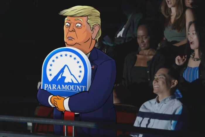Cartoon of Trump holding a Paramount logo in a theater with audience members reacting in the background.