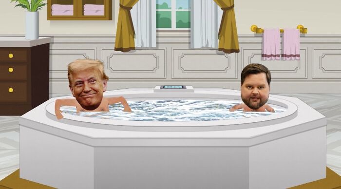Animated scene from South Park showing Trump and JD Vance in a jacuzzi, highlighting an intimate therapy moment.