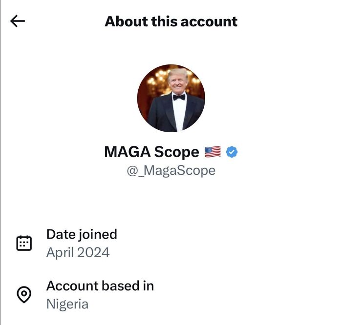 Profile of MAGA influencer account on X, showing foreign location based in Nigeria and recent join date in April 2024.