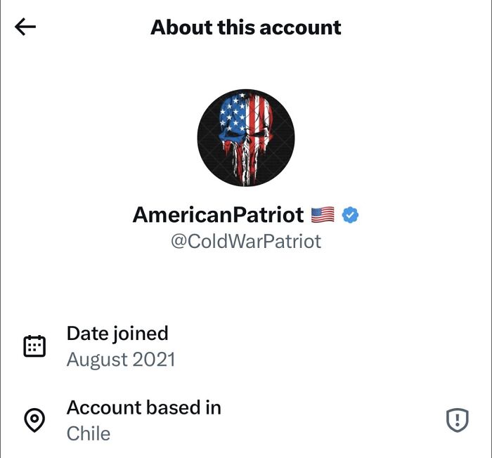 Profile of MAGA influencer account AmericanPatriot on X showing it is based in Chile and joined in August 2021.
