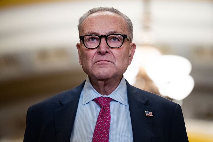 Chuck Schumer in a suit with glasses, commenting on Dems warning of political violence and sedition claims.