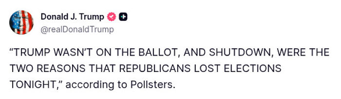Tweet from Donald Trump criticizing reasons for Republican election losses, relevant to Zohran Mamdani NYC mayoral victory speech.
