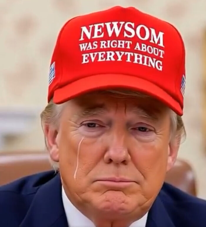 Image of Donald Trump wearing a red hat with text, edited to show tears, related to Gavin Newsom trolling Trump.
