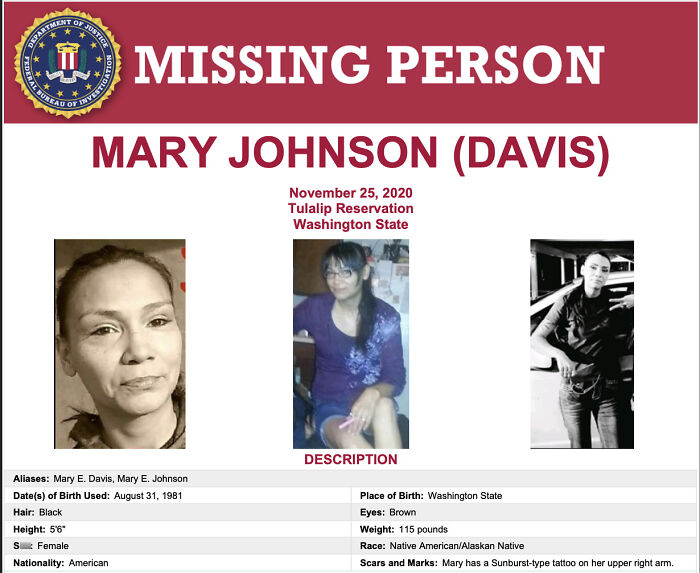 FBI missing person poster of Indigenous woman Mary Johnson from Washington State, details on disappearance and description.