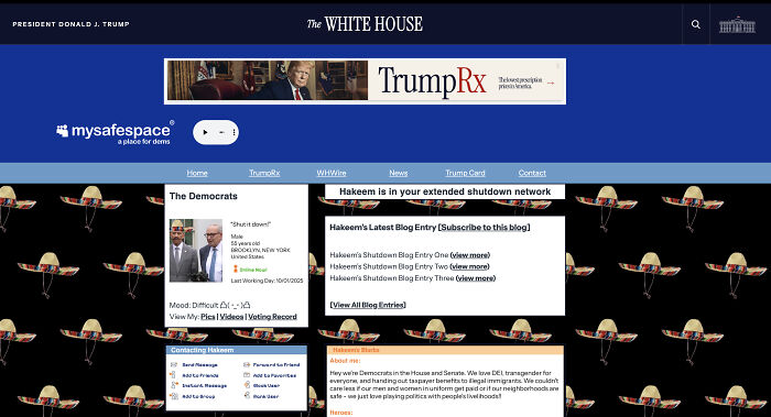 Screenshot of White House MySafeSpace page mocking Democrats with shutdown blogs and playful insults during shutdown spat