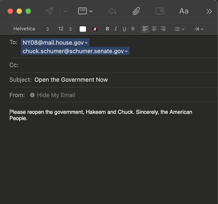 Email draft to Chuck Schumer requesting government reopening with reference to White House trolls&rsquo; MySafeSpace shutdown spat.