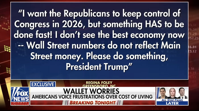 Screenshot of a Fox News segment showing a plea to President Trump about reducing grocery prices and cost of living concerns.