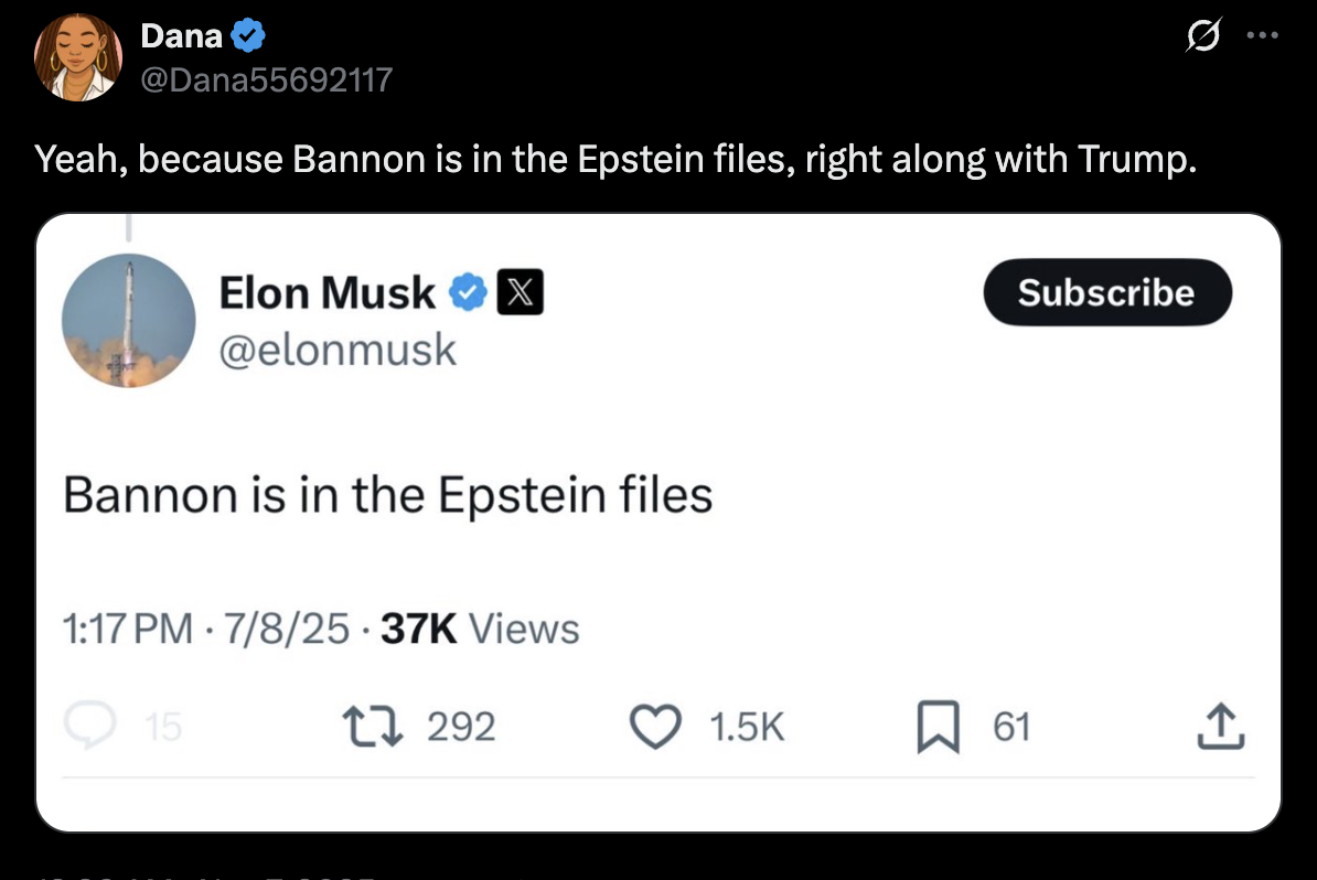 Tweet highlighting Steve Bannon mentioned in Epstein files amid claims about Republicans facing jail after midterms.