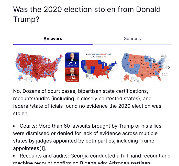 Map visuals and data highlighting Truth Social AI tool calling BS on Donald Trump claims about the 2020 election.
