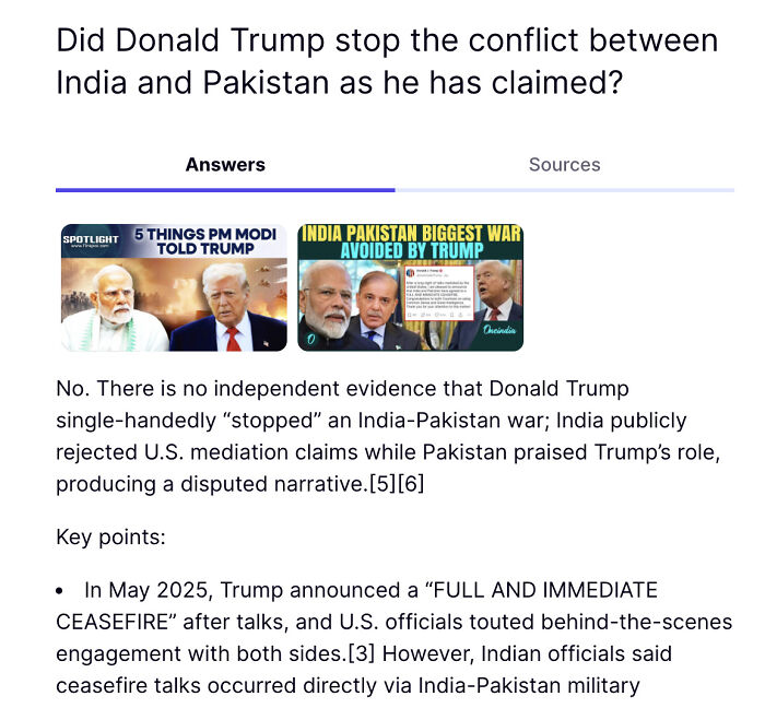 AI analysis on Truth Social evaluating Donald Trump claims about India-Pakistan conflict mediation and its disputed accuracy.