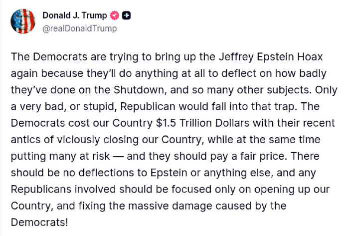 Donald Trump tweet criticizing Democrats referencing Jeffrey Epstein emails calling Trump a maniac with early dementia.