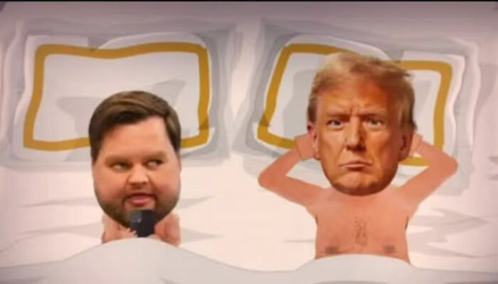 Animated South Park scene showing caricatures of Trump and JD Vance lying in bed during an intimate moment.
