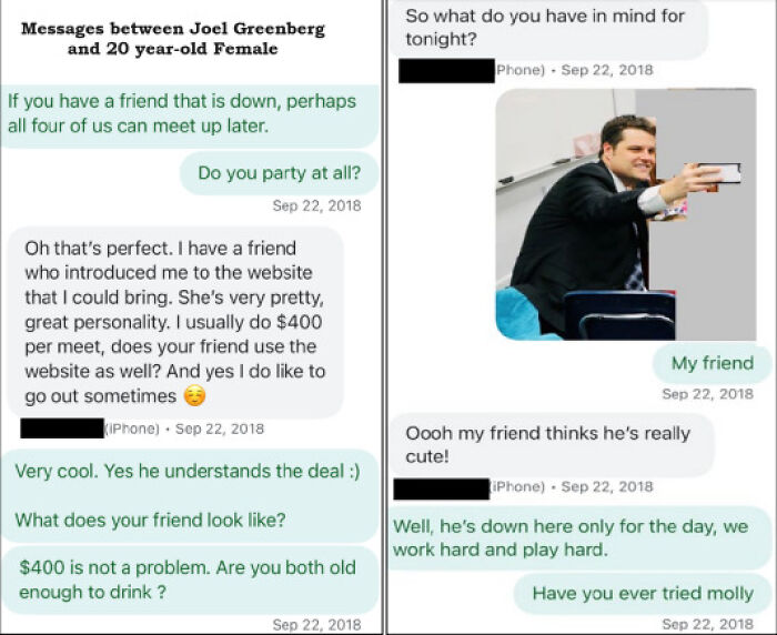 Text message exchange about meeting up involving a teen at center of Matt Gaetz probe discussing adult work and shelter living.