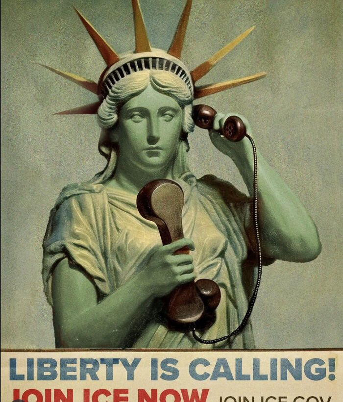 Statue of Liberty holding a vintage phone receiver in an unnerving fantasy inspired by ICE recruitment campaign.