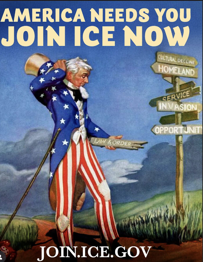 Uncle Sam in torn patriotic clothes holding law and order sign near confusing recruitment directional signs for ICE campaign.