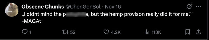 Screenshot of a tweet from user Obscene Chunks mentioning a Trump supporter discussing government impact on income.