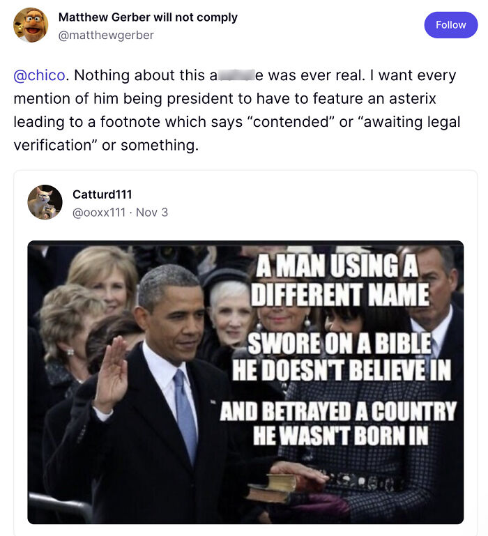 Twitter post showing a political meme of Obama with text that sparked Trump&rsquo;s all-night rage posts about Obama alarm.