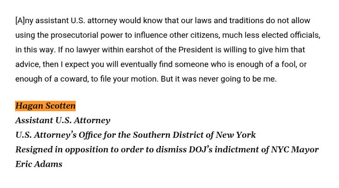 Excerpt from Trump DOJ resignation letter by Assistant U.S. Attorney Hagan Scotten opposing DOJ order to dismiss indictment.