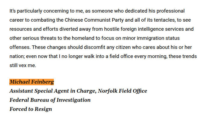 Excerpt of Michael Feinberg&rsquo;s resignation letter from the Trump DOJ, revealing growing web archive of DOJ resignation letters.