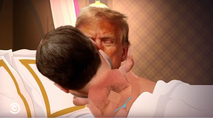 Animated scene from South Park showing an intimate Trump and JD Vance moment in a bedroom setting.