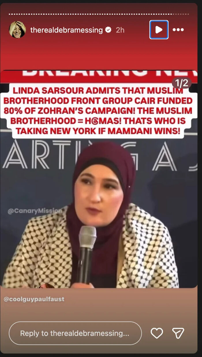 Woman wearing a maroon hijab speaking into a microphone with text about Zohran Mamdani and funding controversy above.