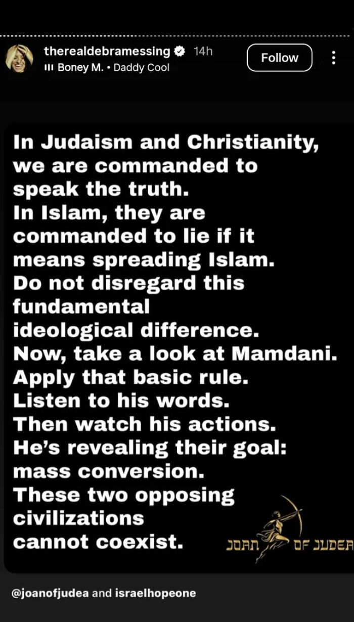 Screenshot of a controversial Instagram message by Debra Messing discussing ideological differences about Zohran Mamdani.