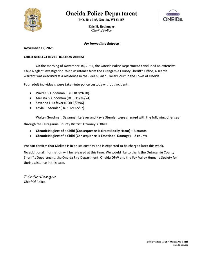 Police report announcing arrest in child neglect case involving a girl weighing just 35 lb allegedly starved and neglected.