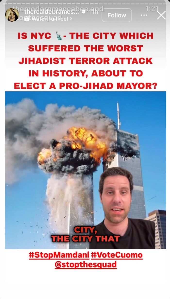 Image showing a man speaking with a background of the Twin Towers explosion, addressing backlash involving Zohran Mamdani.