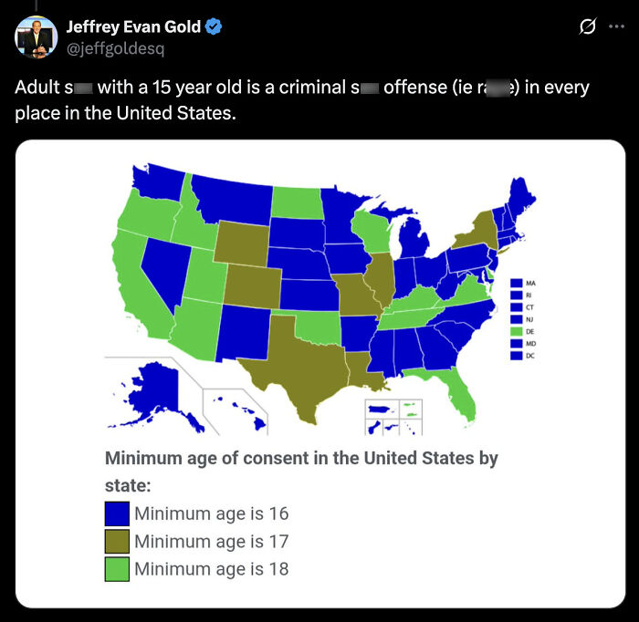 Map showing minimum age of consent by state in the US, highlighting legal context for Epstein claim about 15-year-olds.