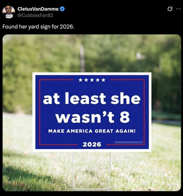 Yard sign with political message referencing ages, linked to Epstein claim and controversy involving Megyn Kelly.