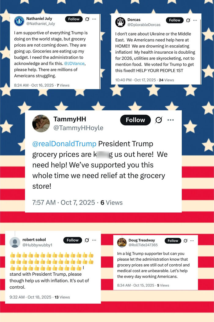 Social media posts from MAGA fans complaining about rising grocery prices and inflation, seeking help.