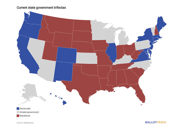 Map of US states color-coded by current government trifectas showing Democratic, Republican, and divided control for social media roasts Tomi Lahren.