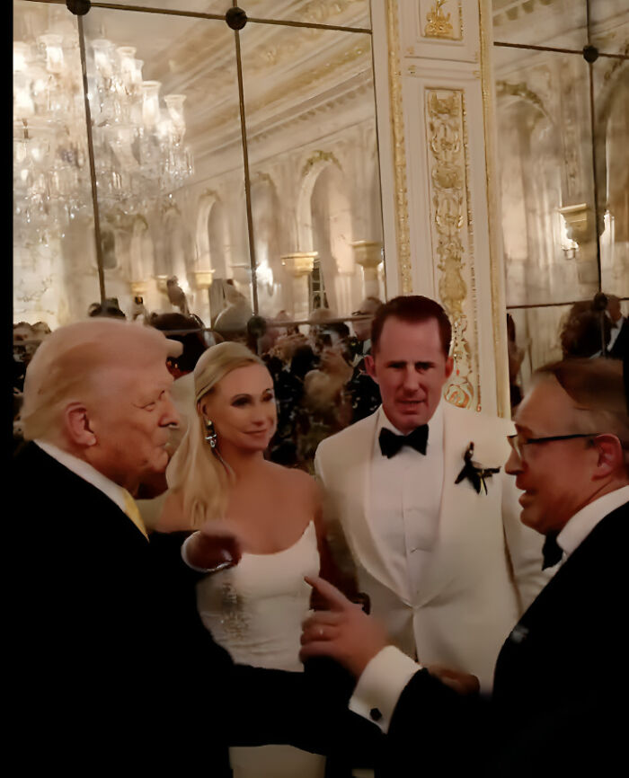 Donald Trump at a Mar-a-Lago wedding, interacting with guests in a formal setting with opulent decor.