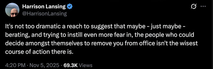 Tweet from Harrison Lansing discussing fears about removal from office, highlighting reactions to Trump's comments on JD Vance.