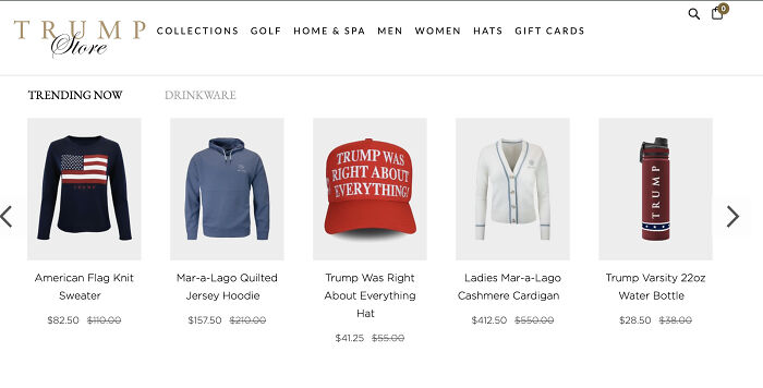 Trump Store page showing patriotic apparel and accessories, highlighting the personality cult around Trump and GOP rebranding ideas.