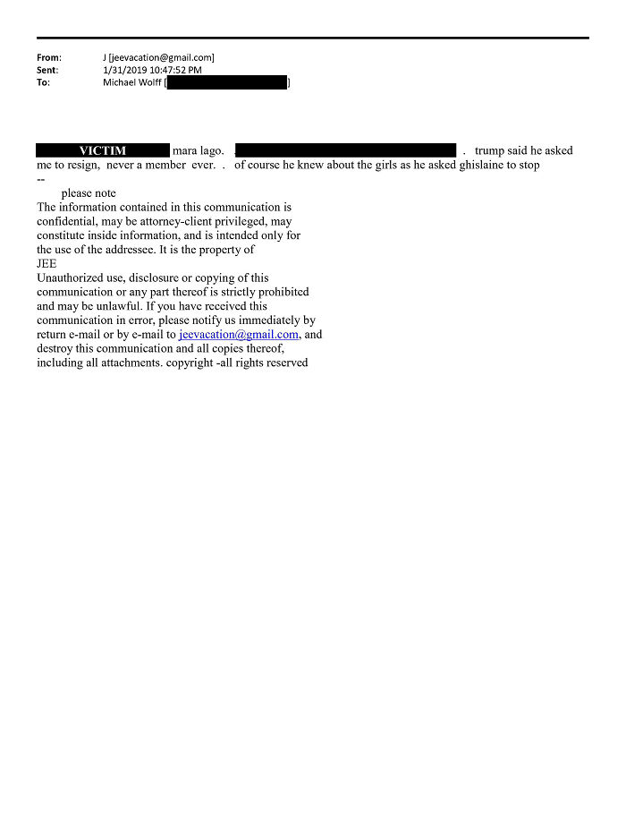 Email screenshot showing Epstein claimed Trump knew about the girls with partially redacted text in newly released emails.