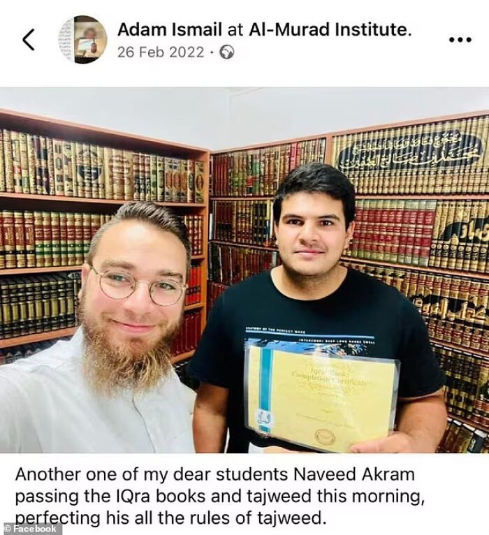 Former teacher and student in a library setting, related to alleged Bondi Beach gunman after Hanukkah attack.