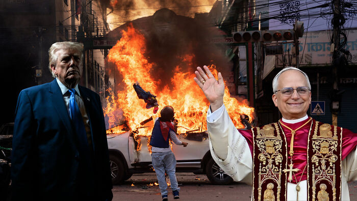 Former president and religious leader stand near a burning car during chaotic protests in 2025 world events.