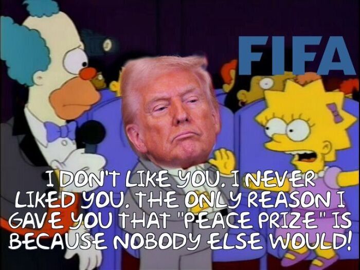 Meme featuring Trump&rsquo;s peace prize participation trophy humor with Simpsons characters Krusty and Lisa.