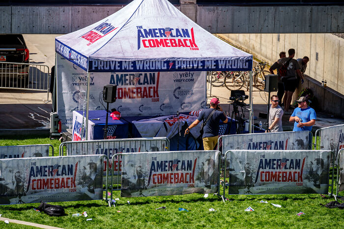 Replica of tent where Charlie Kirk lost his life set up outdoors for fans to take selfies during American Comeback Tour event.