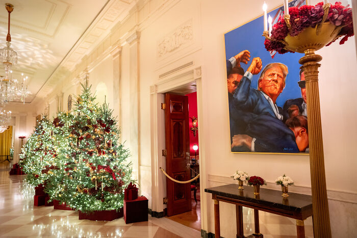 Christmas decorations featuring illuminated trees with red and gold accents in a grand hallway with ornate details.