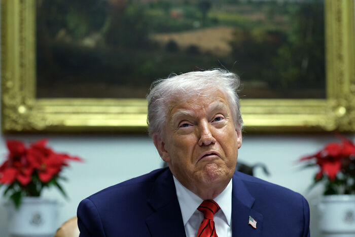 Donald Trump sitting in a suit and red tie in an office setting with plants and a framed painting in the background.