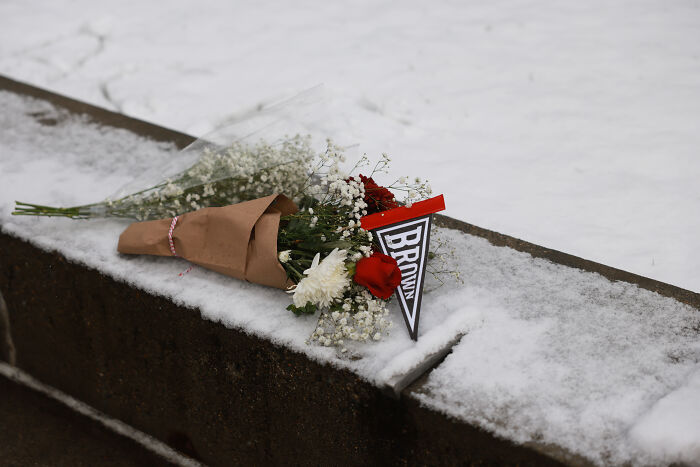 Bouquet of flowers on snow-covered ground, symbolizing remembrance after Australia tightens gun laws post shooting.