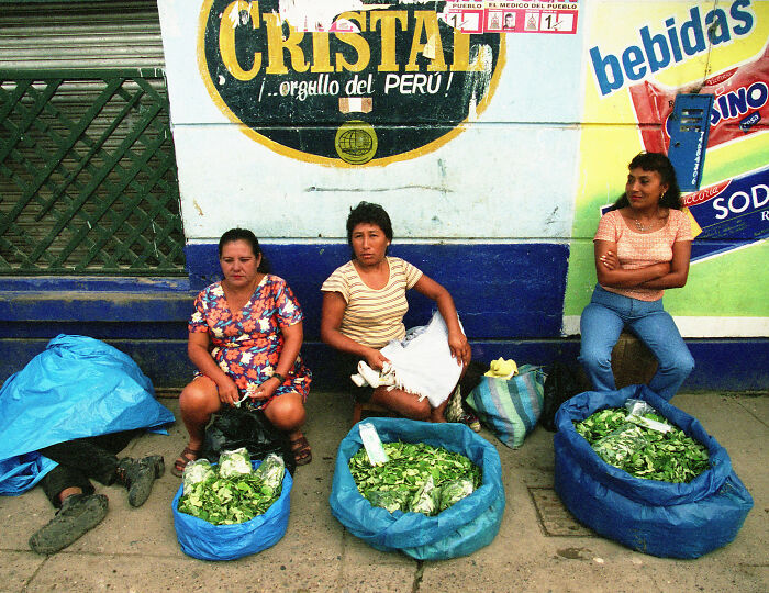 Three women sitting by large bags of coca leaves at a street market, highlighting coca leaf and WHO d**g list debate.