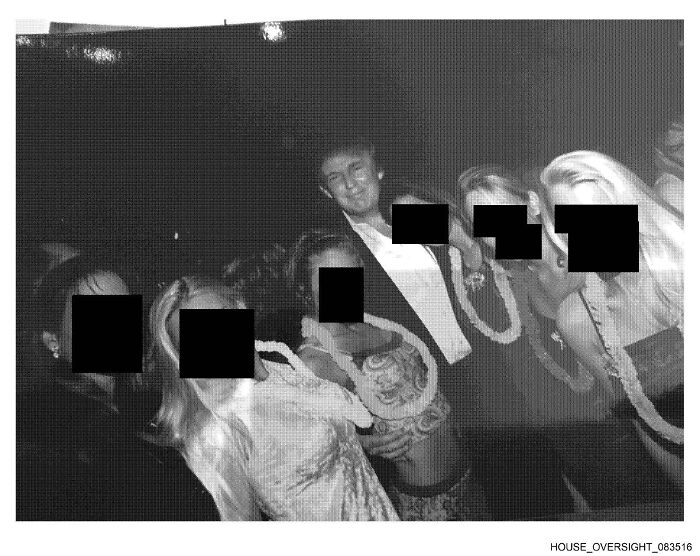 Black and white photo of Trump with bikini-clad women at a party, faces obscured, linked to Epstein files controversy.