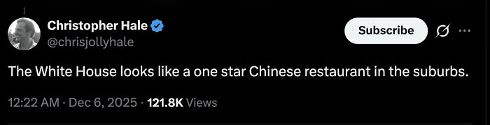 Screenshot of a tweet describing the White House update as a cheap tacky hotel amid Trump&rsquo;s renovation spree.