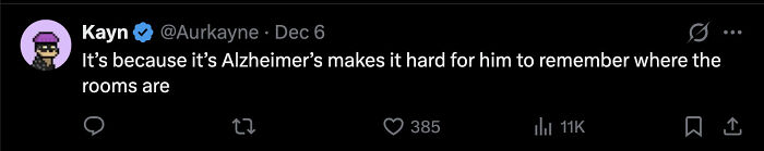Twitter post by user Kayn discussing difficulty remembering room locations due to Alzheimer&rsquo;s, related to White House cheap tacky hotel update.
