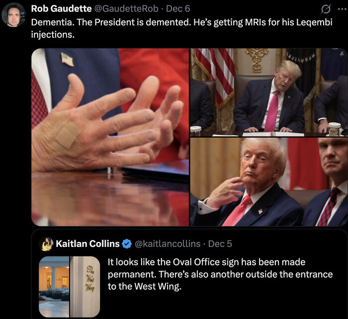 Close-up of hands and multiple photos of Donald Trump in the White House during renovation updates amid cheap tacky hotel criticism