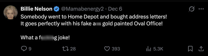 Screenshot of a tweet criticizing the White House cheap tacky hotel update during Trump&rsquo;s renovation spree.