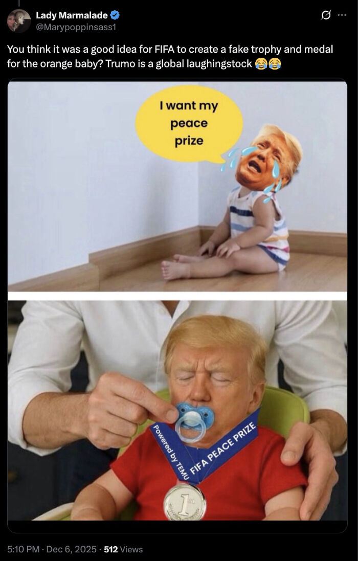 Meme showing Trump as a baby with a peace prize trophy and pacifier, highlighting Trump&rsquo;s peace prize humor.